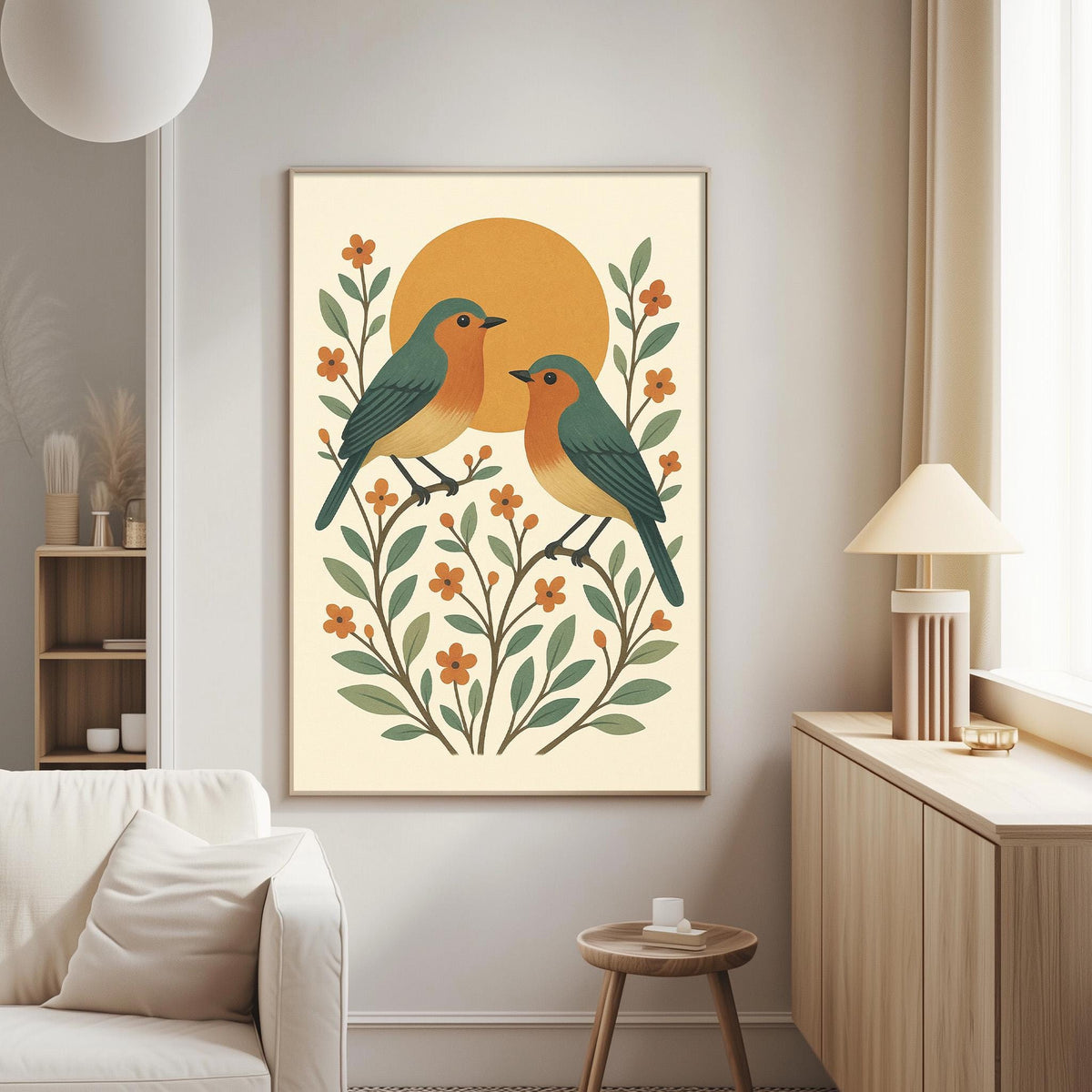 a living room with a large framed print of a bird illustration on the wall, surrounded by flowers and leaves.