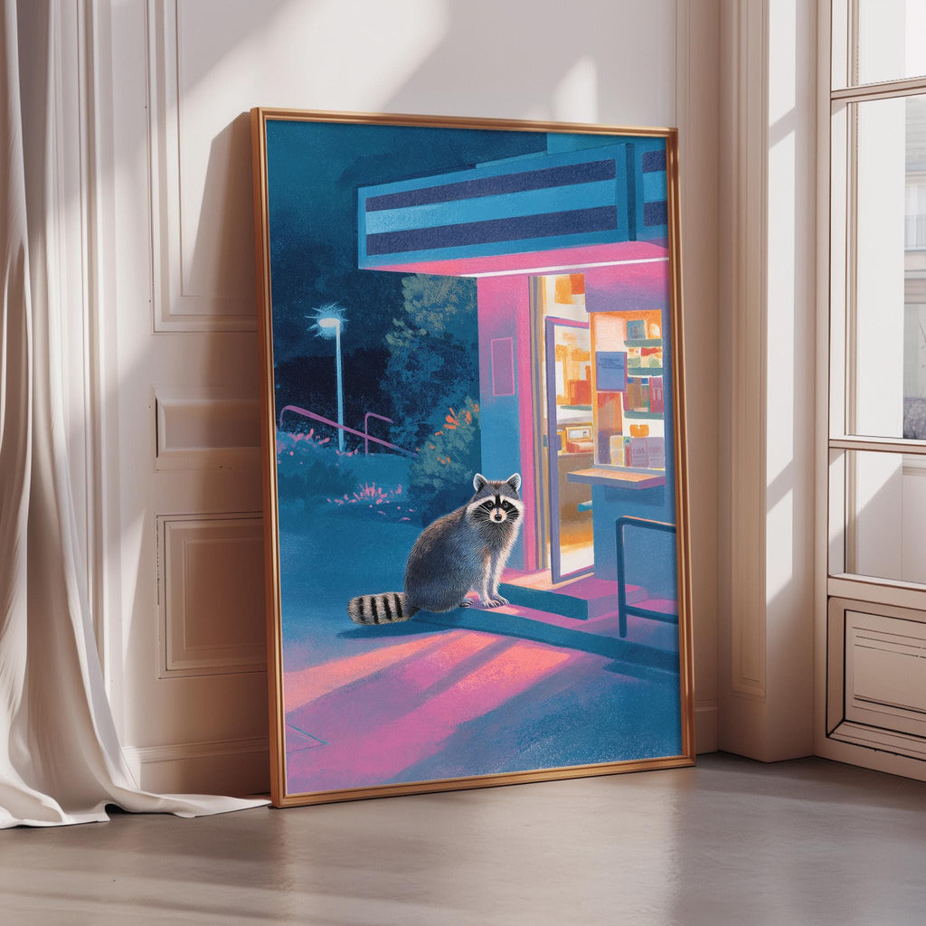 A raccoon sits on a ledge in a colorful, whimsical scene, with a building and a street lamp in the background.