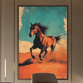 a modern office space with a large painting of a horse in motion as the focal point. The office has a wooden desk, a chair, and a bookshelf, creating a professional and stylish atmosphere.