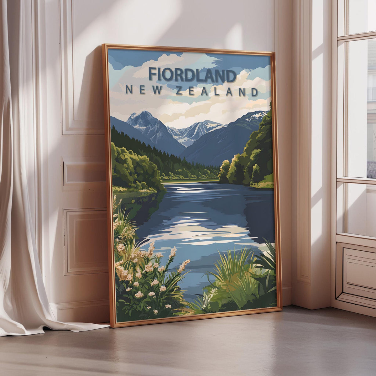 a framed poster of a scenic landscape with mountains, a river, and lush vegetation.