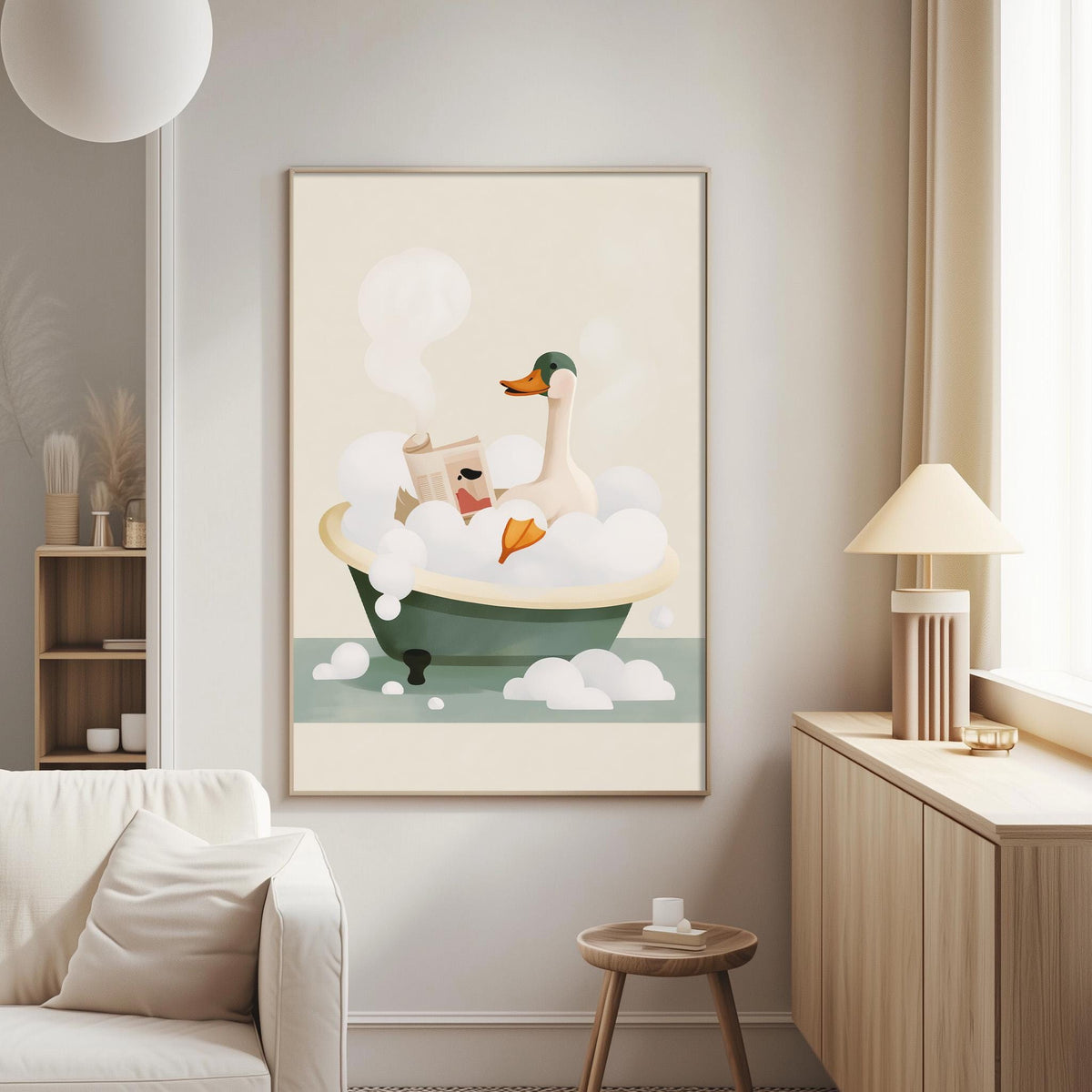 a cozy living room with a white sofa, a wooden side table, and a framed illustration of a duck sitting in a bathtub filled with bubbles.