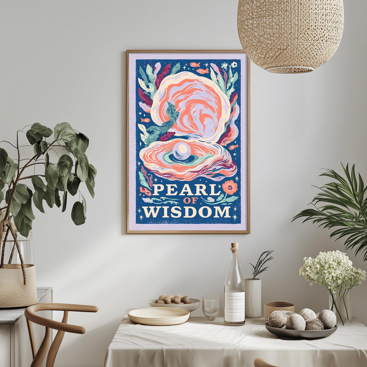 a framed poster of a pearl of wisdom hanging on a wall, with a dining table and chairs in the foreground.