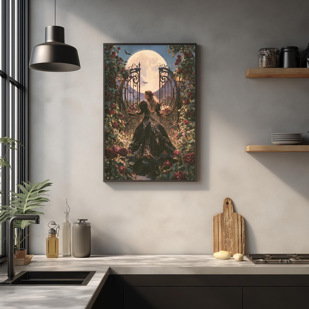 a framed painting of a woman in a black dress standing in a garden, with a full moon and a gate in the background. The painting is hanging on a wall above a kitchen counter with various kitchen items such as a cutting board, a bottle, and a vase.