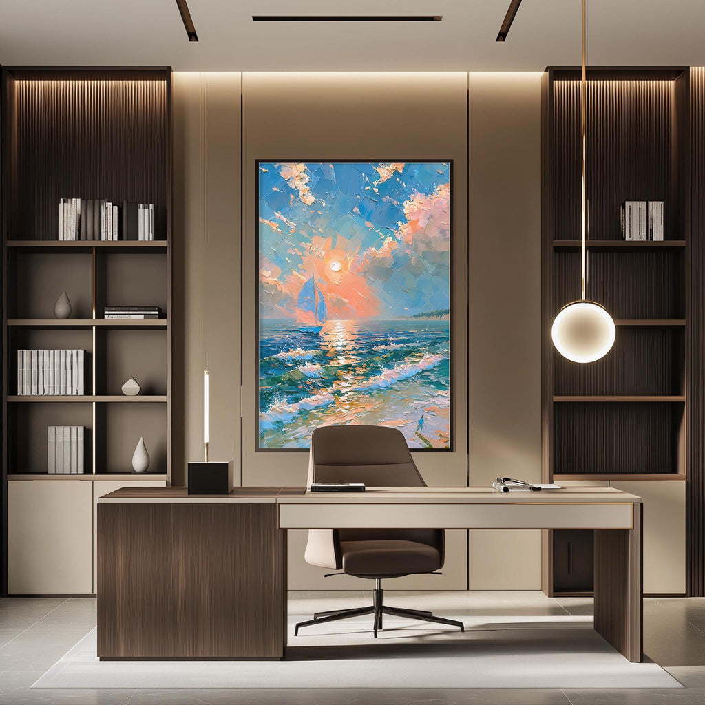 a modern office space with a large painting of a seascape hanging on the wall above a desk with a chair.