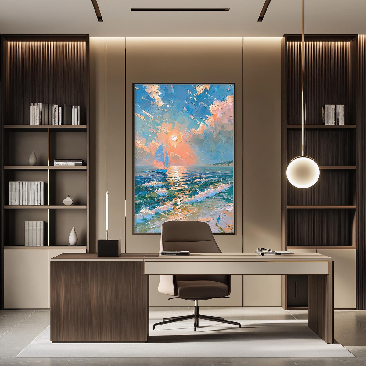 a modern office space with a large painting of a seascape hanging on the wall above a desk with a chair.