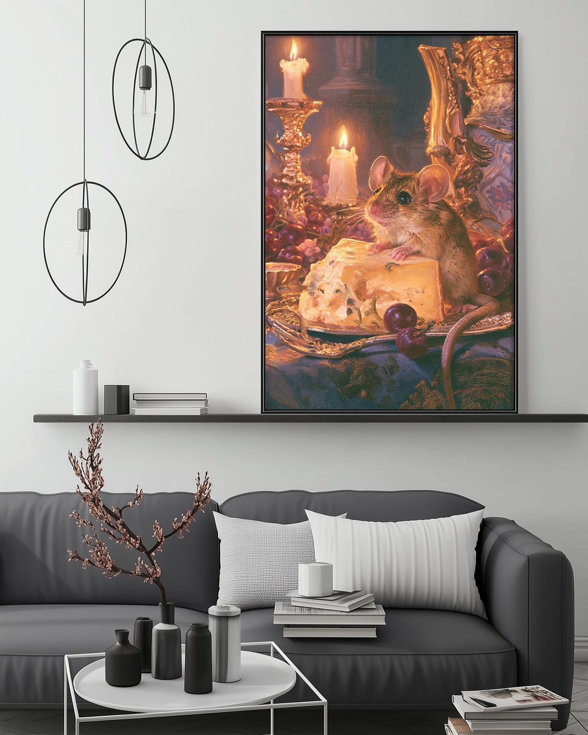 a large painting of a mouse sitting on a plate of cheese, surrounded by candles and other decorative elements, hanging on a wall above a gray couch in a cozy living room setting.