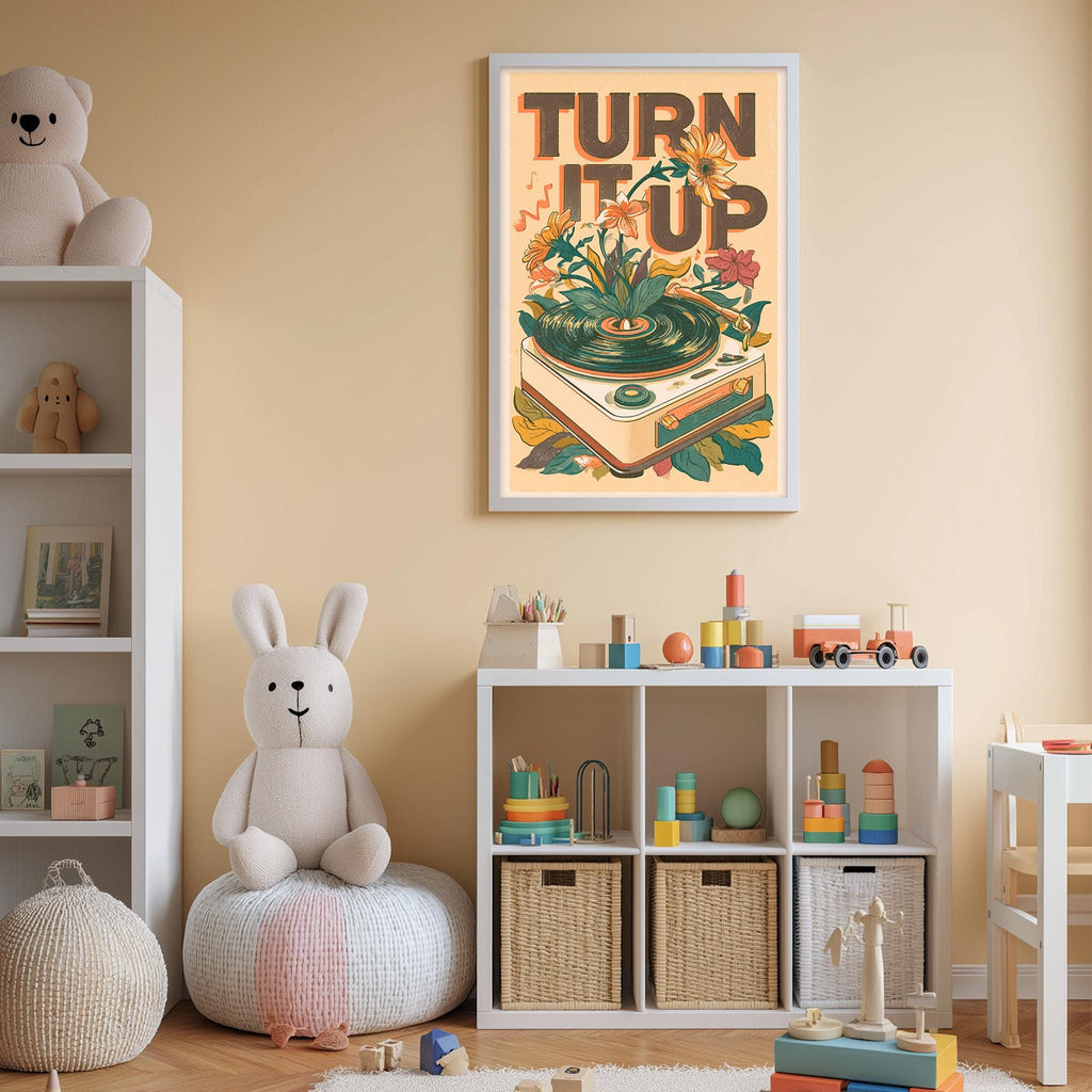 A child's bedroom with a white bookshelf, a stuffed rabbit, and a colorful poster on the wall. The poster features a book and the text "TURN IT UP".