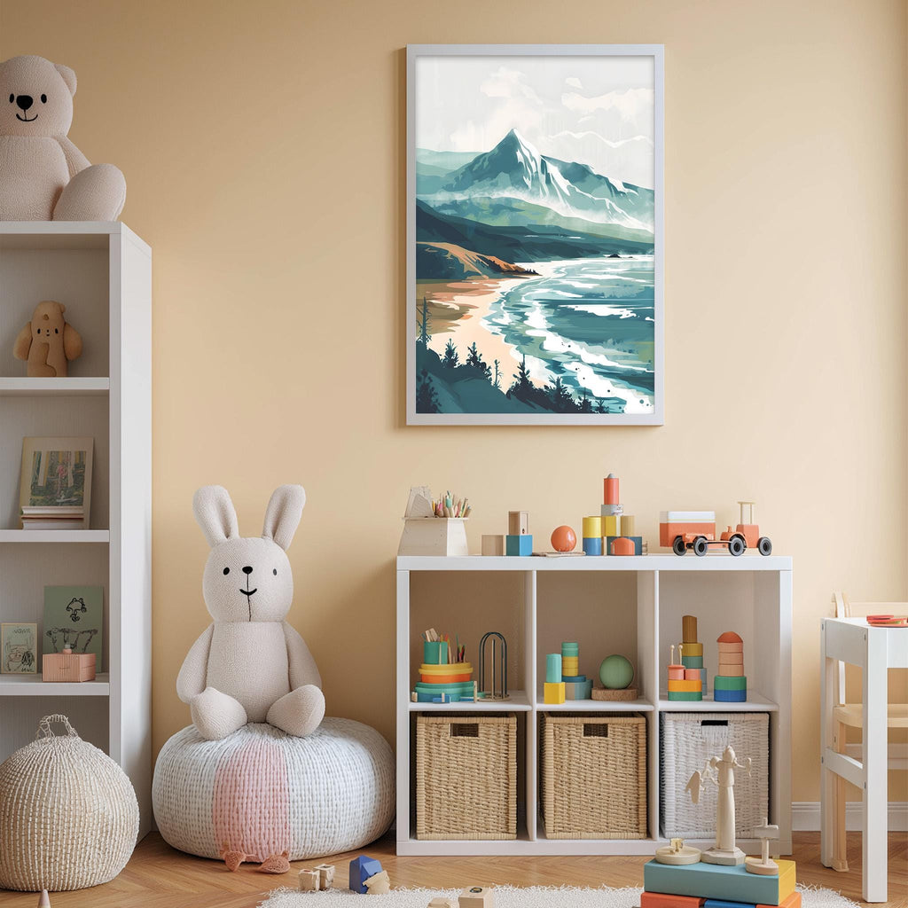 A cozy children's room with a large mountain landscape painting on the wall, a white bookshelf filled with toys, and a plush rabbit sitting on a bean bag chair.