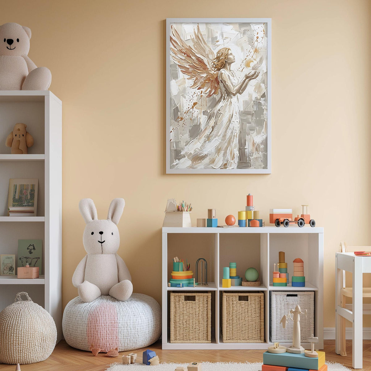 A cozy and colorful children's bedroom with a large stuffed bunny, a bookshelf, and a toy chest filled with toys. The walls are painted a light peach color, and there is a framed painting of an angel above the bookshelf.