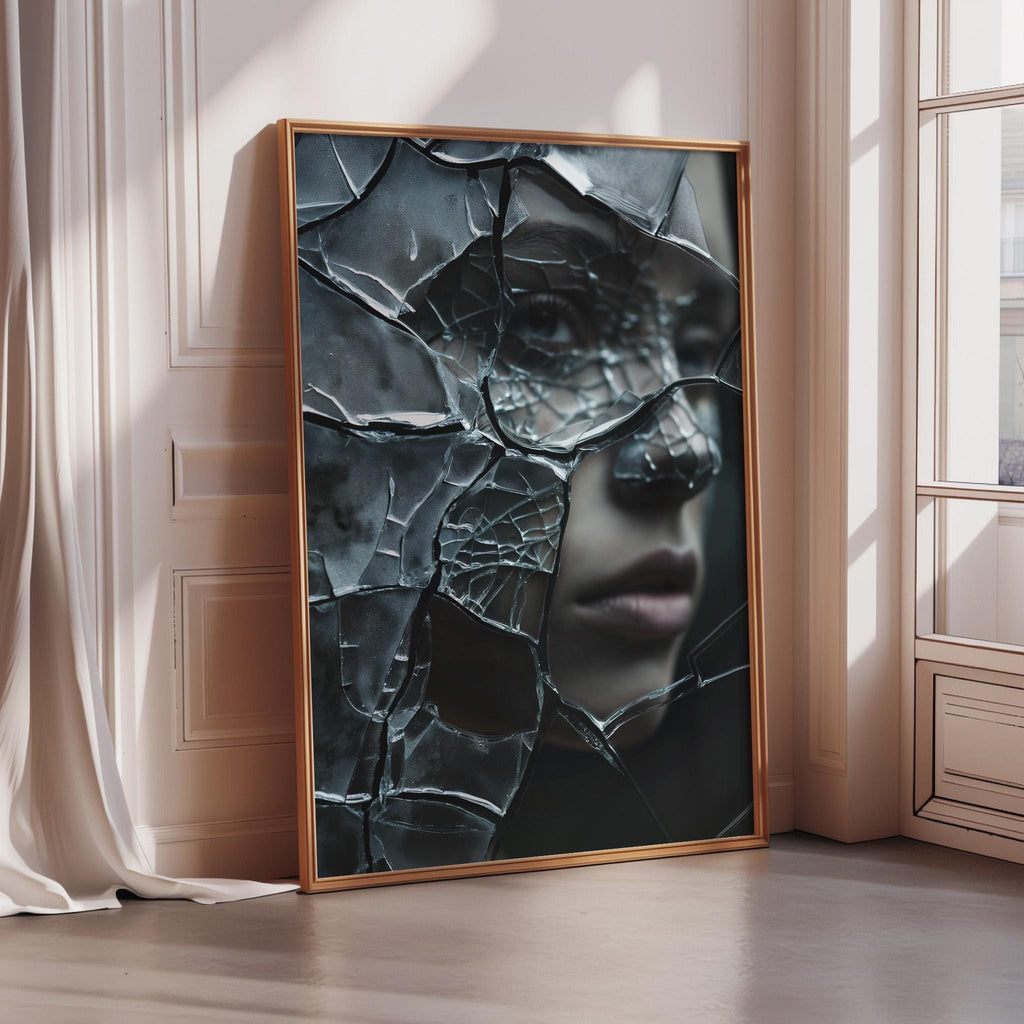 a large, framed artwork depicting a cracked, black face with a pensive expression.