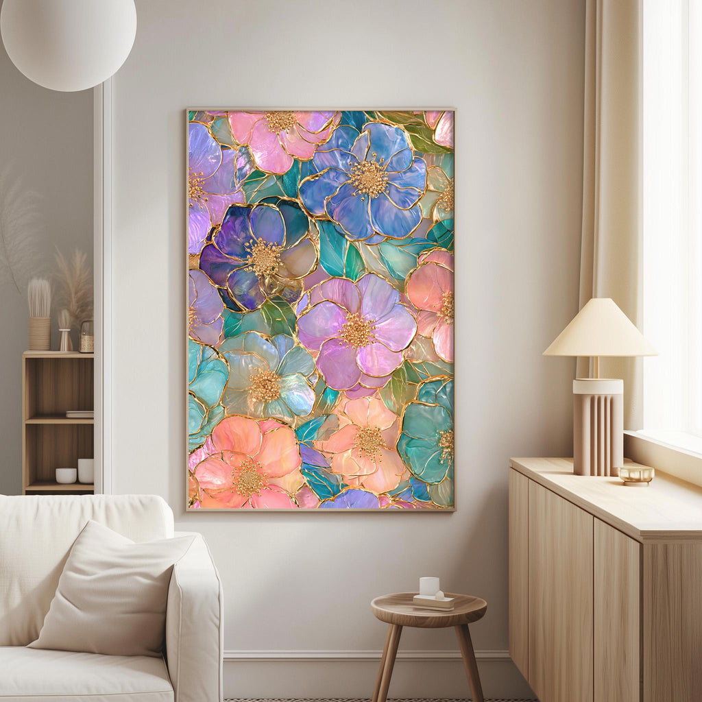 a large, colorful painting of flowers hanging on a wall in a living room.
