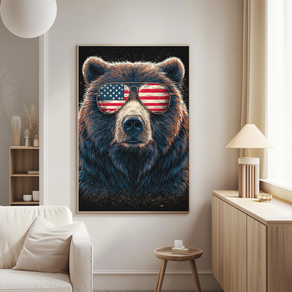 a large bear wearing sunglasses with an American flag design, which is displayed on the wall in a living room setting.
