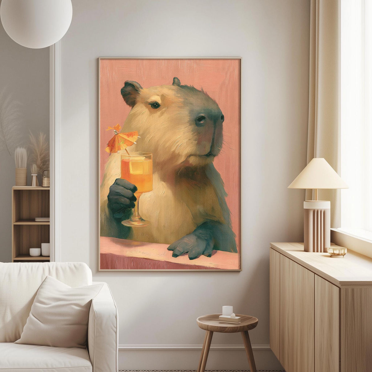 a large painting of a capybara holding a glass of orange juice, which is hanging on a wall in a living room setting.
