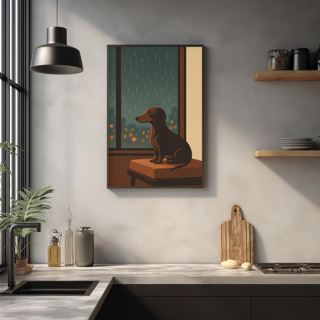 a kitchen scene with a framed illustration of a dog sitting on a bench by a window, looking out at the rain. The kitchen counter has various items on it, including a cutting board, a bottle, and a vase. The overall scene has a cozy and homely feel.