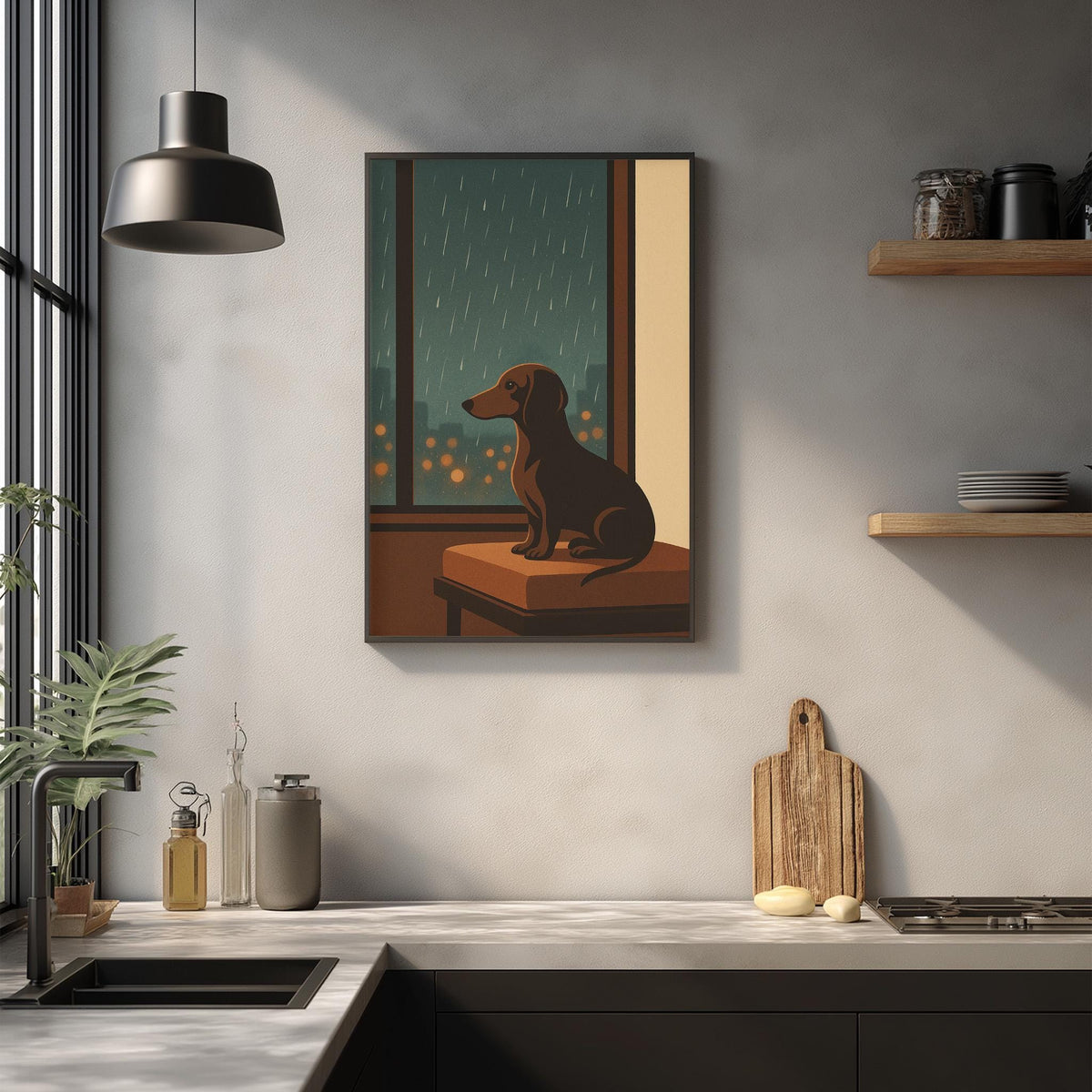 a kitchen scene with a framed illustration of a dog sitting on a bench by a window, looking out at the rain. The kitchen counter has various items on it, including a cutting board, a bottle, and a vase. The overall scene has a cozy and homely feel.