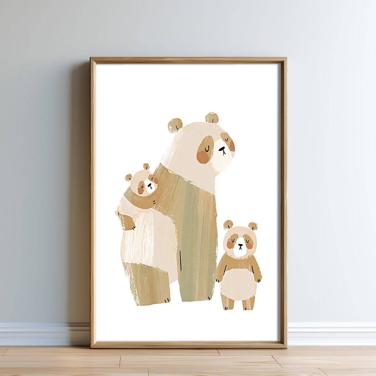 A framed illustration of three cute panda bears, with one larger panda bear and two smaller ones, all depicted in a playful and endearing manner.