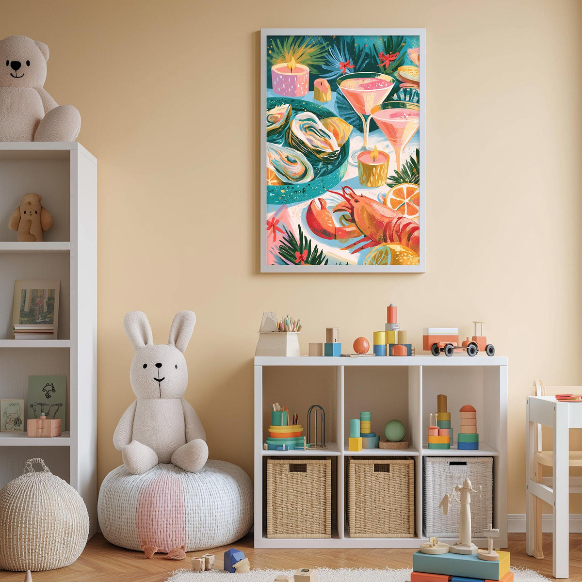A child's bedroom with a large stuffed rabbit, a bookshelf, and a colorful painting of seafood on the wall.