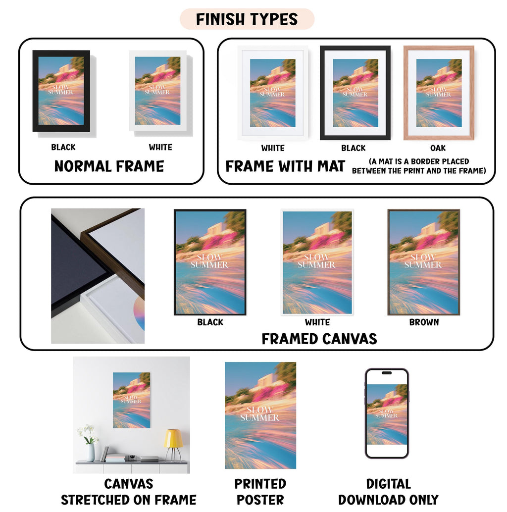 various types of artwork, including framed prints, canvas prints, and digital prints, each with different finishes and styles.