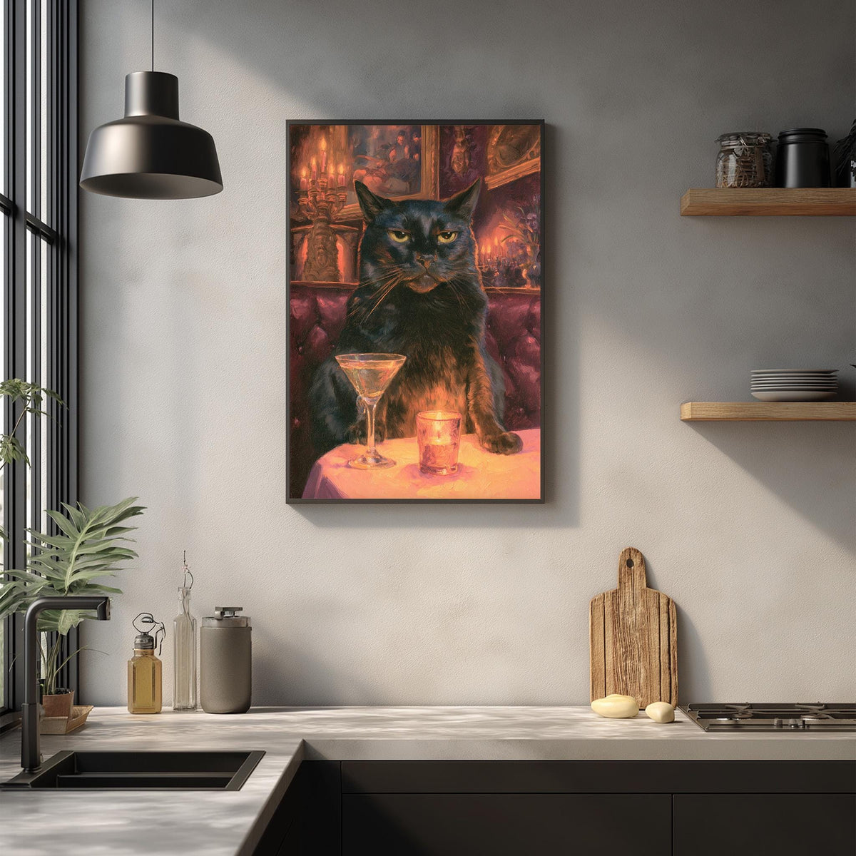 a black cat sitting at a table with a martini glass in front of it, creating a whimsical and playful scene.