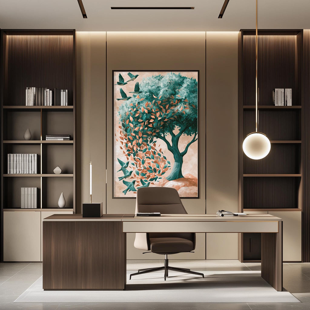 a modern and stylish office space with a large tree painting on the wall, a wooden desk, a comfortable-looking chair, and built-in bookshelves.