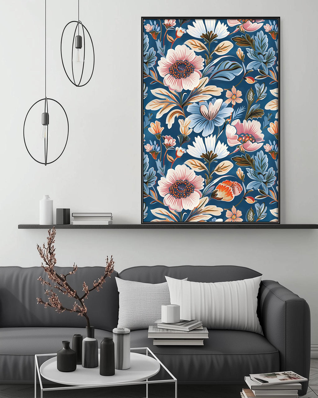 a modern living room with a gray sofa, a coffee table, and a large floral print hanging on the wall above the sofa.