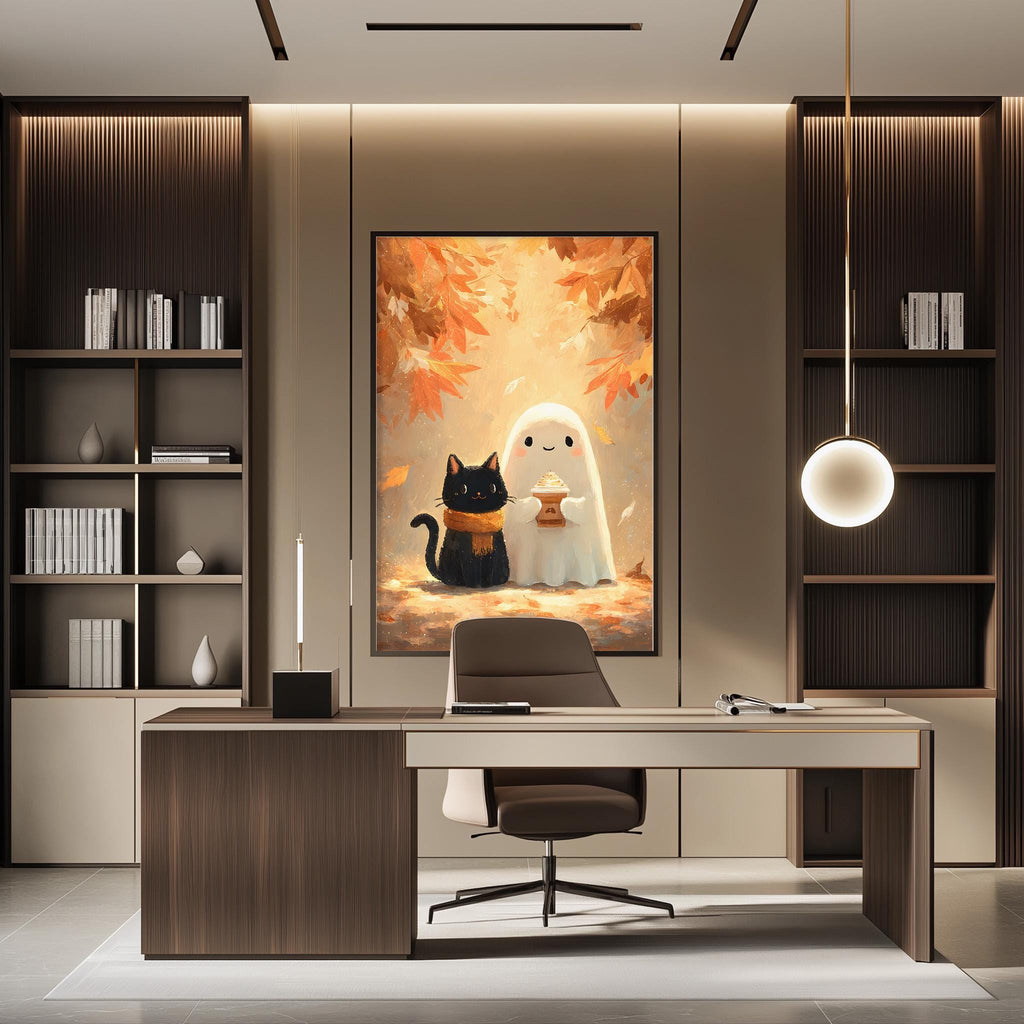 a modern office space with a large framed artwork depicting a ghost and a cat on the wall. The office has a wooden desk, a chair, and a bookshelf filled with books. The overall design and decor create a cozy and creative atmosphere.