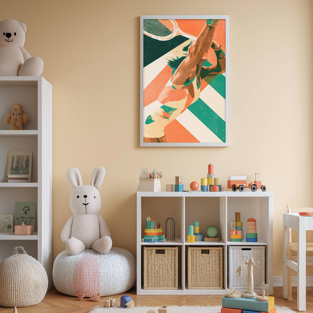 A cozy children's room with a white bookshelf, a plush white bunny, and a colorful abstract painting on the wall.