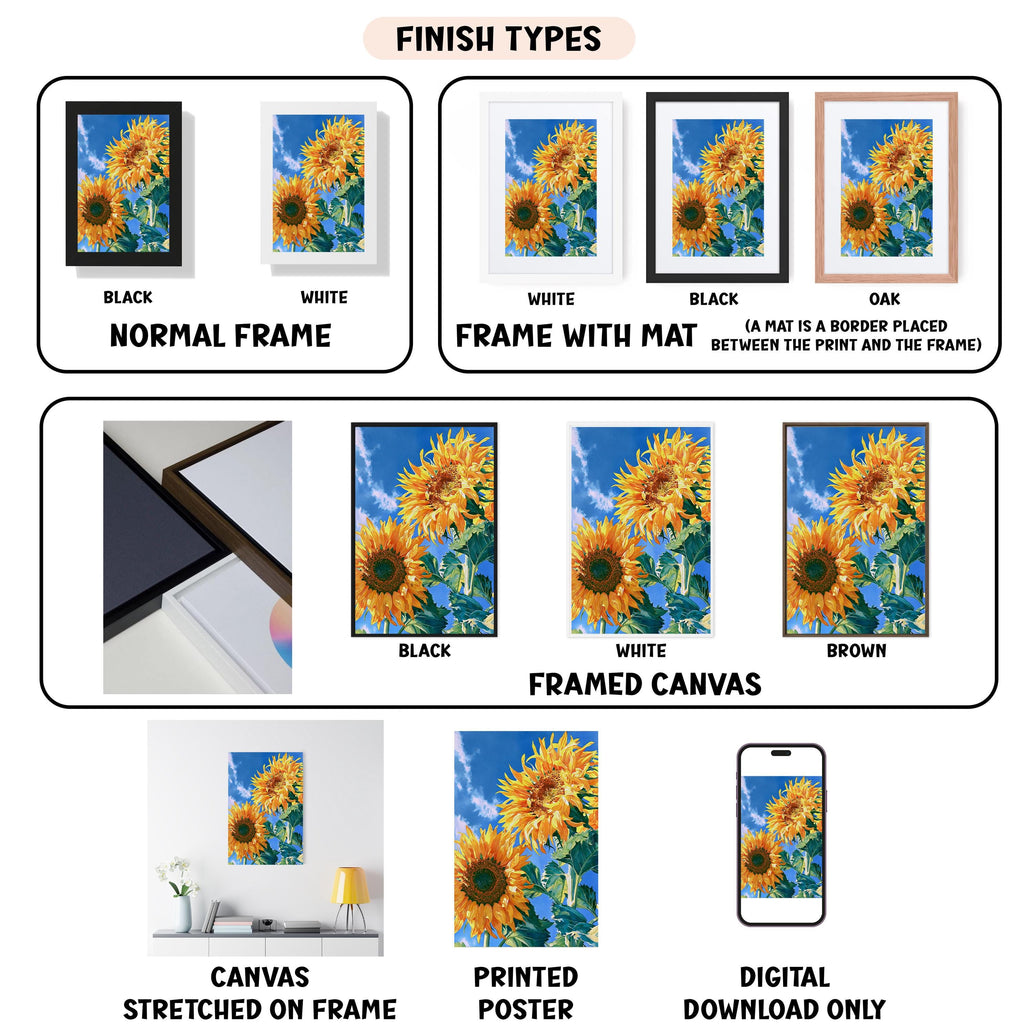 The image is a collection of various finish types for a framed canvas print, including black, white, black, oak, white, framed canvas, brown, white, and digital download only.
