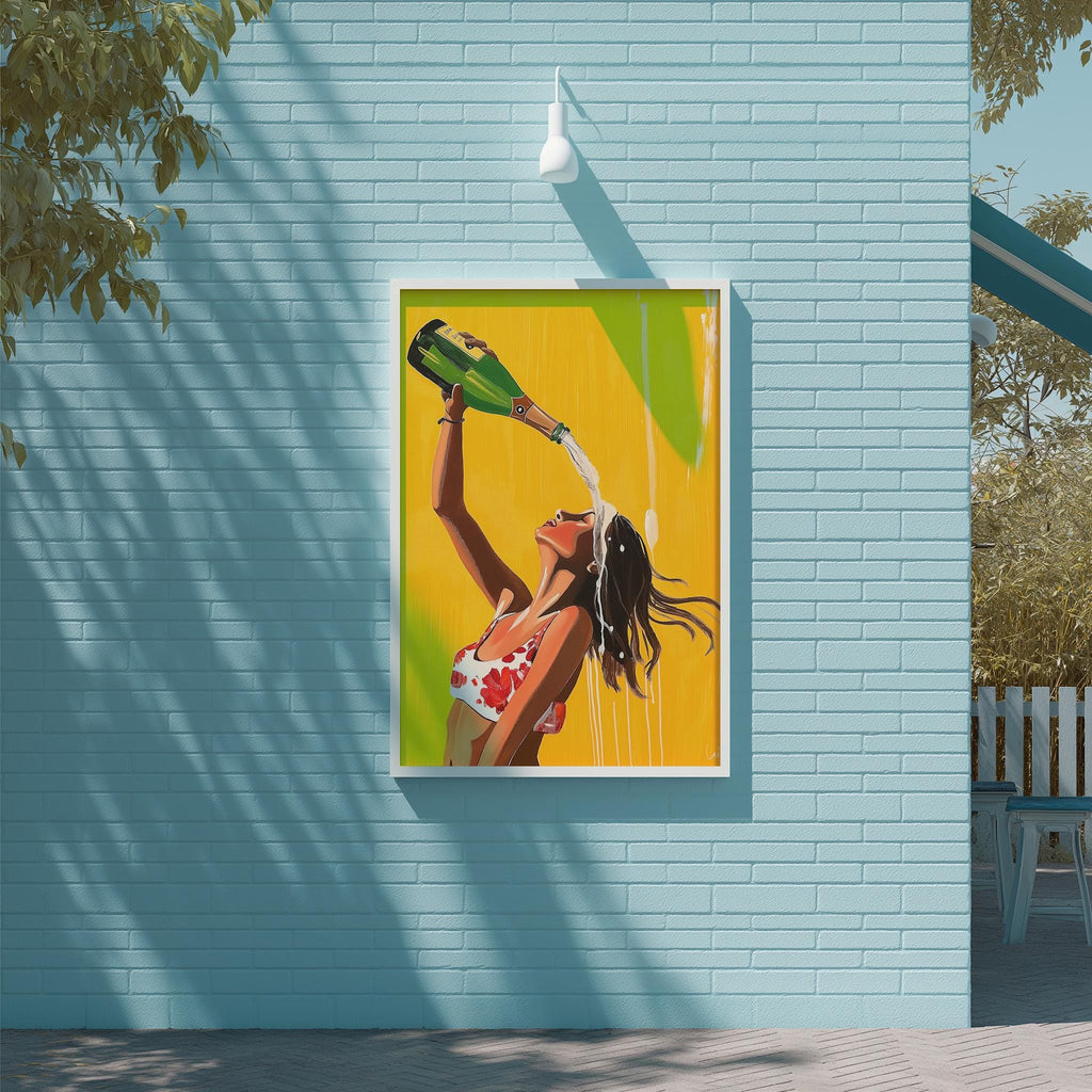 A framed painting of a woman in a red and white swimsuit is displayed on a blue wall, with a bottle of champagne being poured into her.