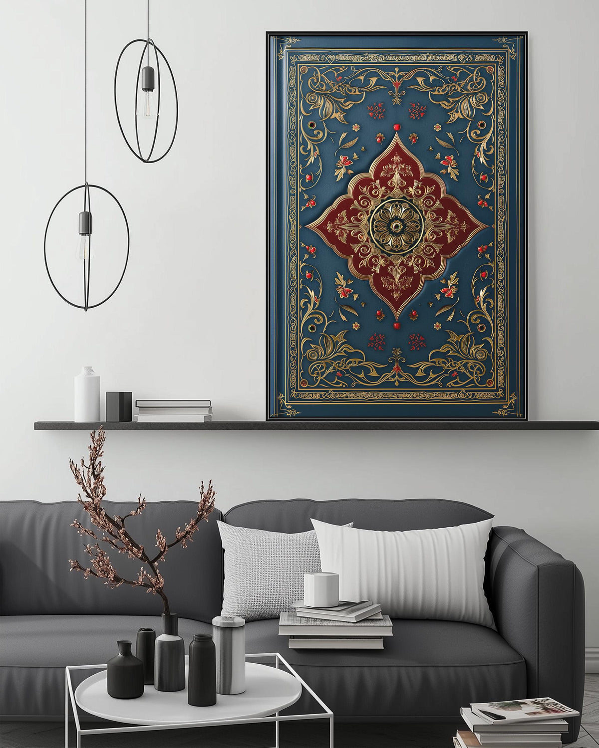 a modern living room with a gray sofa, a white coffee table, and a large framed artwork with a blue and gold design hanging on the wall above the sofa.