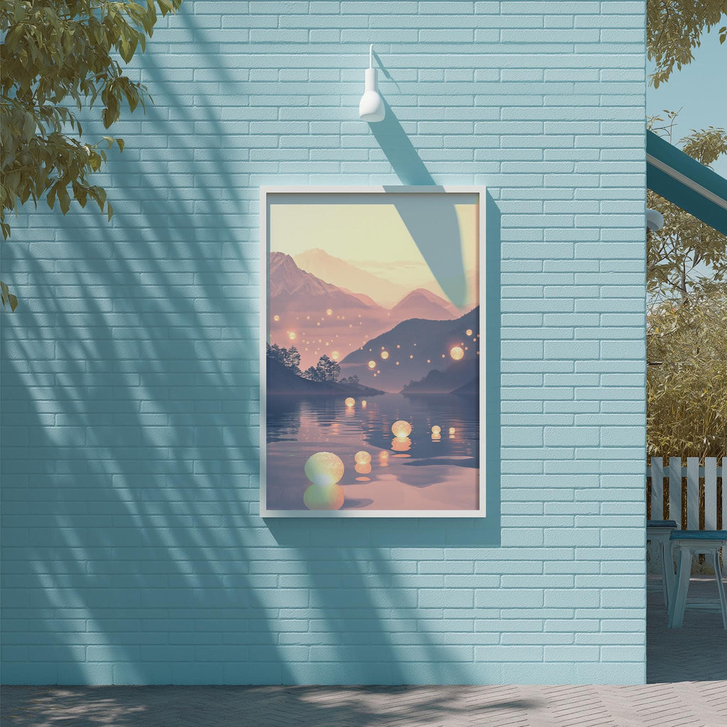 a serene landscape with a calm body of water reflecting the surrounding mountains and trees. The sky above is a beautiful shade of blue, creating a peaceful atmosphere. The scene is framed by a white border and is hung on a light blue brick wall, adding a touch of elegance to the overall composition.
