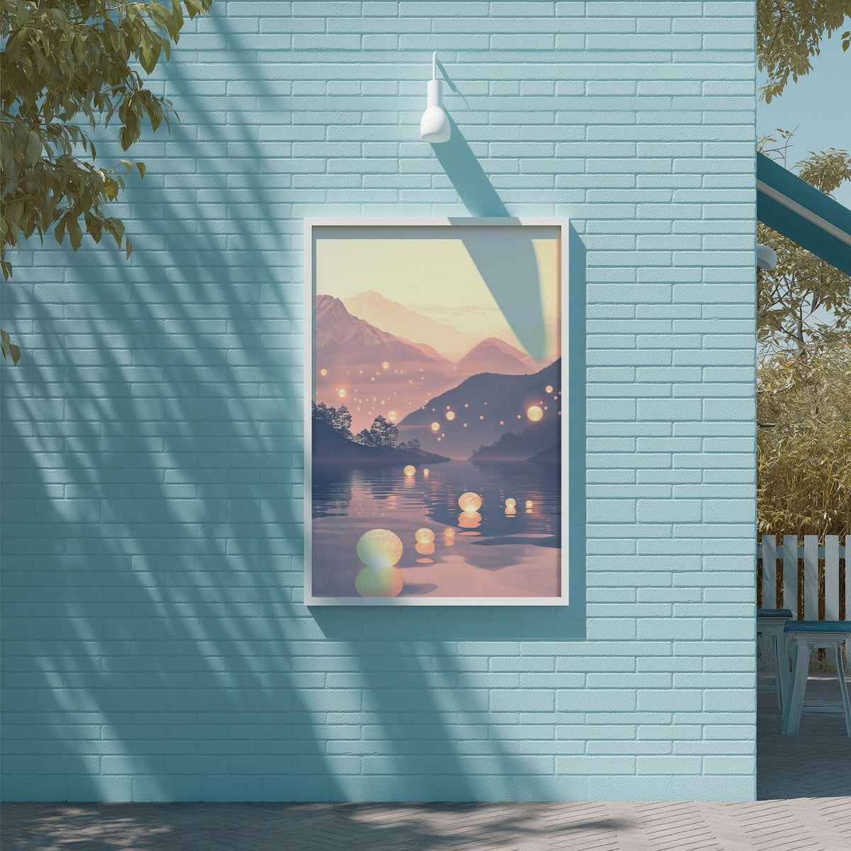 a serene landscape with a calm body of water reflecting the surrounding mountains and trees. The sky above is a beautiful shade of blue, creating a peaceful atmosphere. The scene is framed by a white border and is hung on a light blue brick wall, adding a touch of elegance to the overall composition.