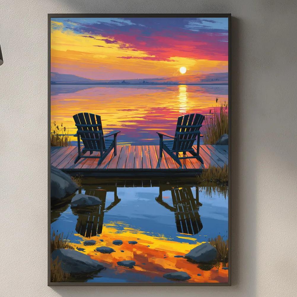 a serene scene of a sunset over a lake, with two chairs overlooking the water. The chairs are positioned on a wooden dock, and the sky is filled with vibrant colors reflecting on the water surface. The image is framed and hung on a wall, creating a peaceful and relaxing atmosphere in the room.