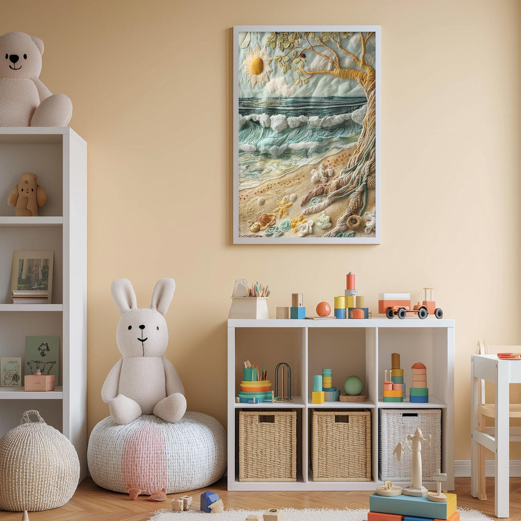 A cozy and colorful children's bedroom with a large stuffed rabbit, a bookshelf, and a toy chest filled with toys. The walls are painted a light peach color, and a framed artwork depicting a beach scene is displayed above the bookshelf.