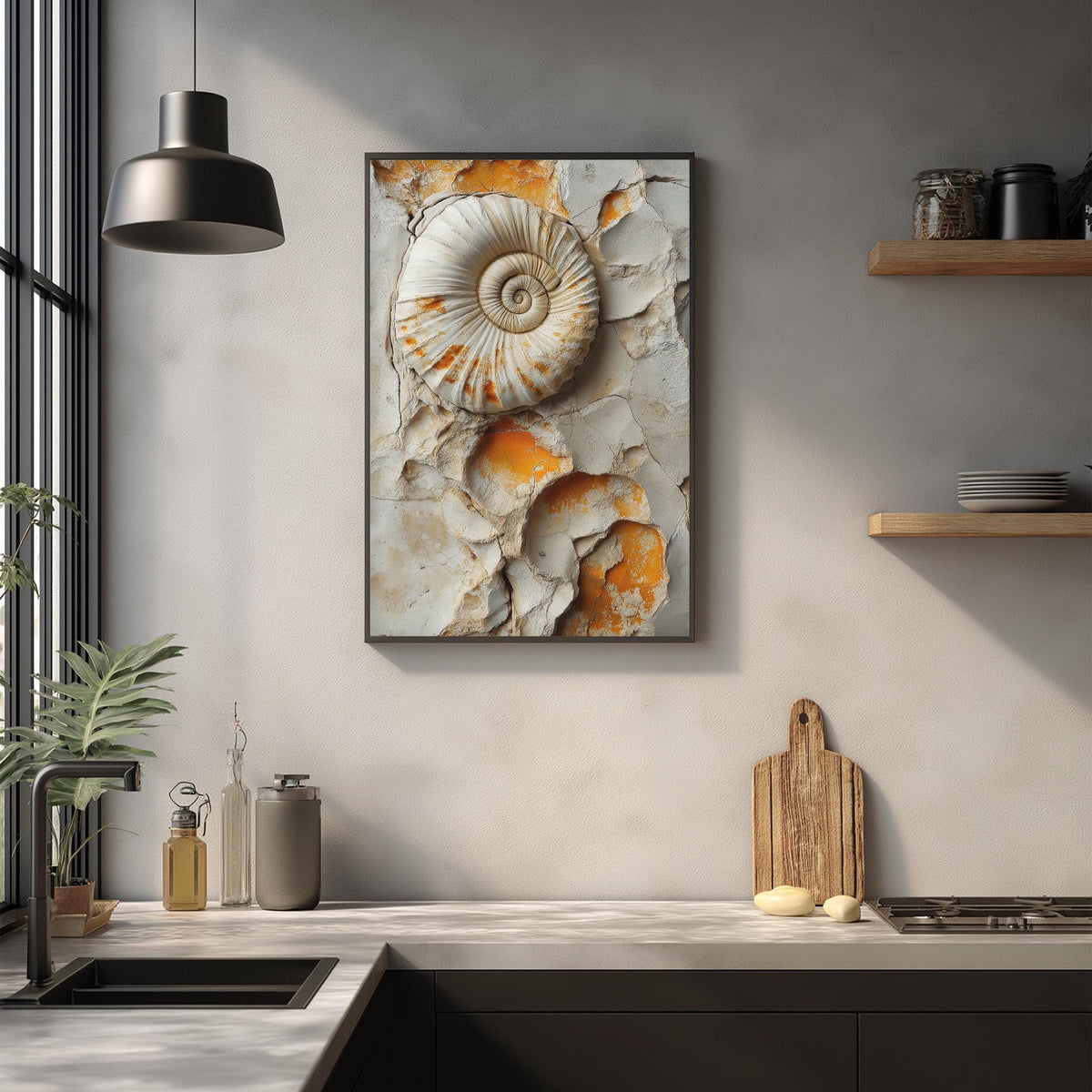 a kitchen counter with a framed picture of a shell on the wall above it. The counter also has various kitchen items, such as a cutting board, a soap dish, and a bottle.