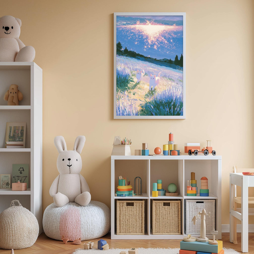 A cozy children's bedroom with a large stuffed bunny, a bookshelf, and a toy chest filled with toys. The walls are painted a light peach color, and a framed landscape painting hangs above the bookshelf.