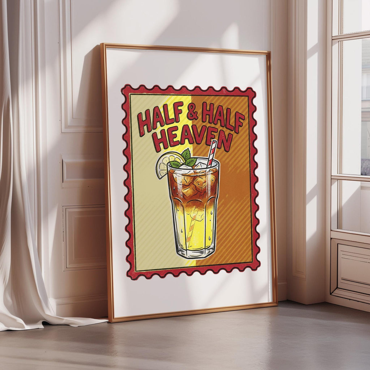 a framed illustration of a glass of iced tea with a lemon slice, accompanied by the text "Half & Half Heaven".