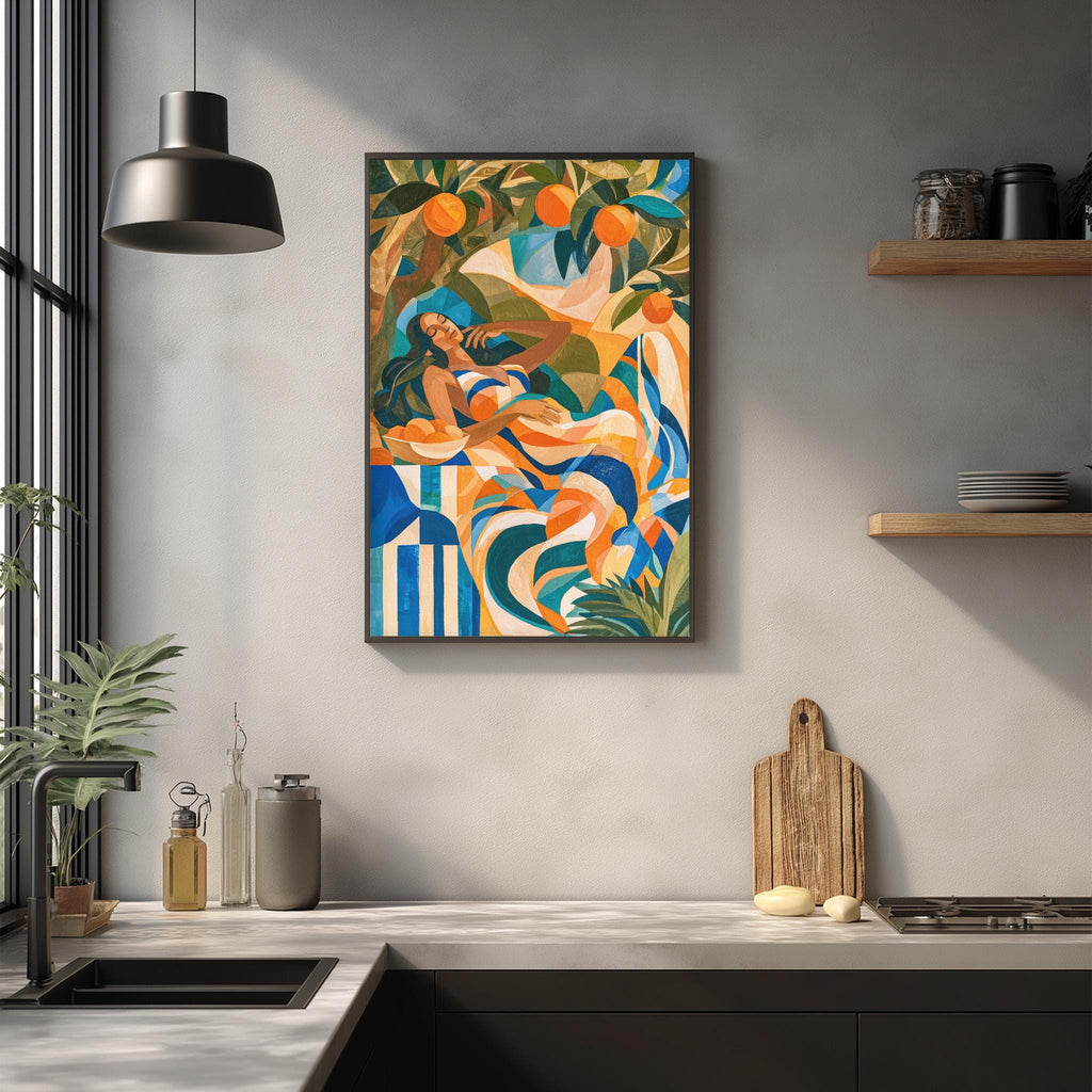 a modern kitchen with a large abstract painting hanging on the wall above a wooden cutting board and other kitchen items.