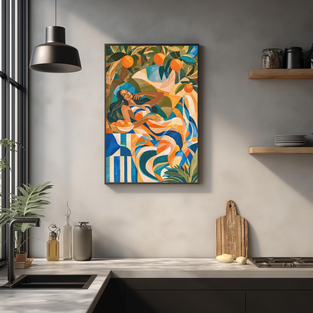 a modern kitchen with a large abstract painting hanging on the wall above a wooden cutting board and other kitchen items.
