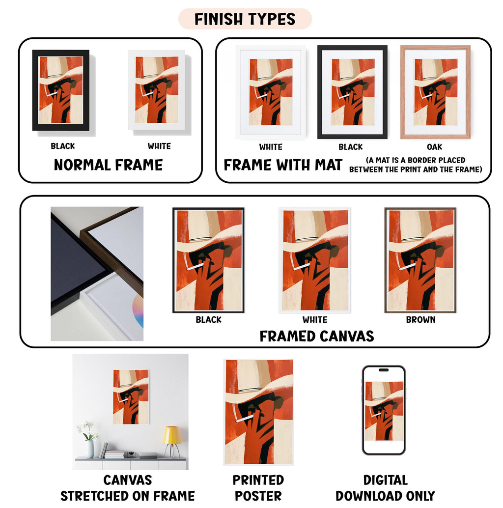 various finish types for artwork, including a normal frame, a frame with a mat, a black frame, a white frame, a black frame, a white frame, a brown frame, a framed canvas, a stretched canvas, a printed poster, and a digital download only.