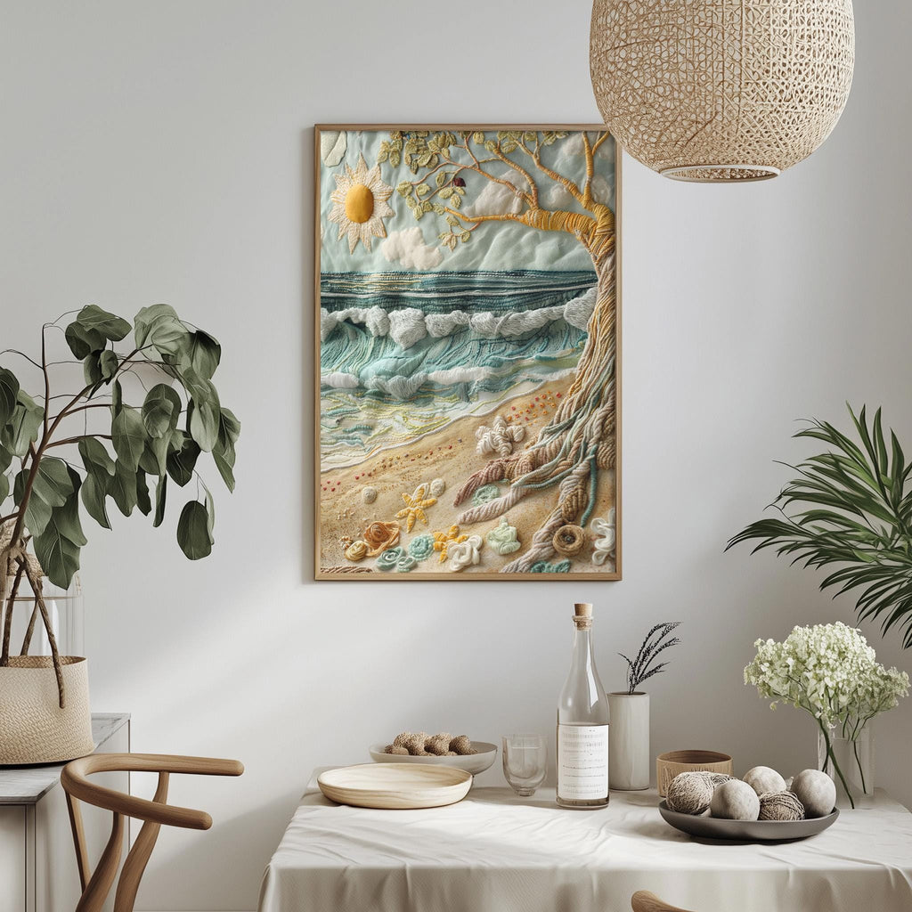 a serene beach scene with a framed painting hanging on a wall above a dining table. The table is set with various items, including a bottle, a bowl, and a vase, creating a cozy and inviting atmosphere.