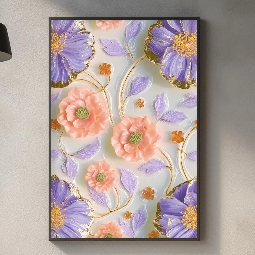 a kitchen counter with a framed floral print hanging on the wall above it. The print has a vibrant design with purple and orange flowers, and the background appears to be a light color. The kitchen counter also has various items on it, including a cutting board, a soap dispenser, and a few bottles.