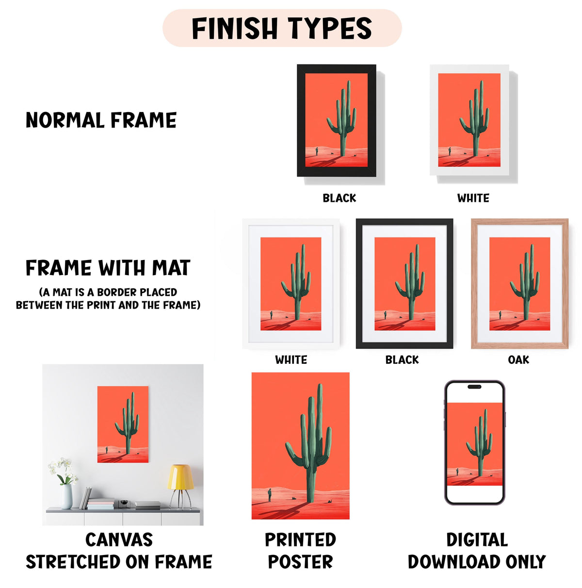 various finish types for a cactus artwork, including a normal frame, a frame with a mat, a white frame, a black frame, an oak frame, a canvas stretched on a frame, a printed poster, and a digital download only.