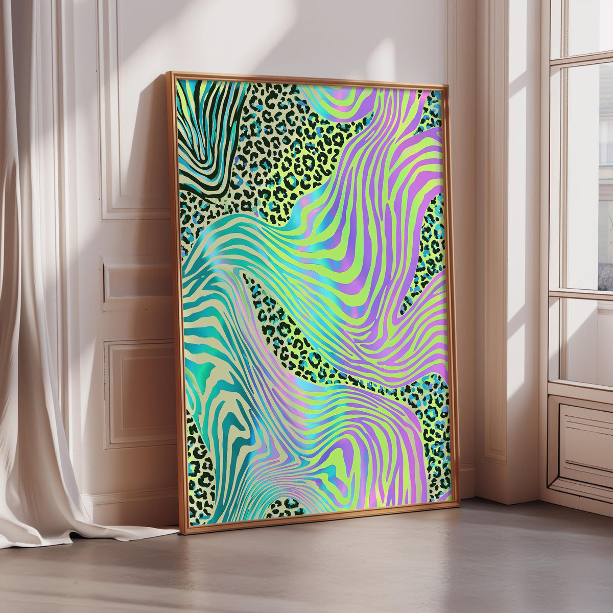 a vibrant abstract artwork with a mix of zebra and leopard patterns in shades of green, blue, and purple. The artwork is displayed on a white wall, and it is framed, giving it a more polished appearance.