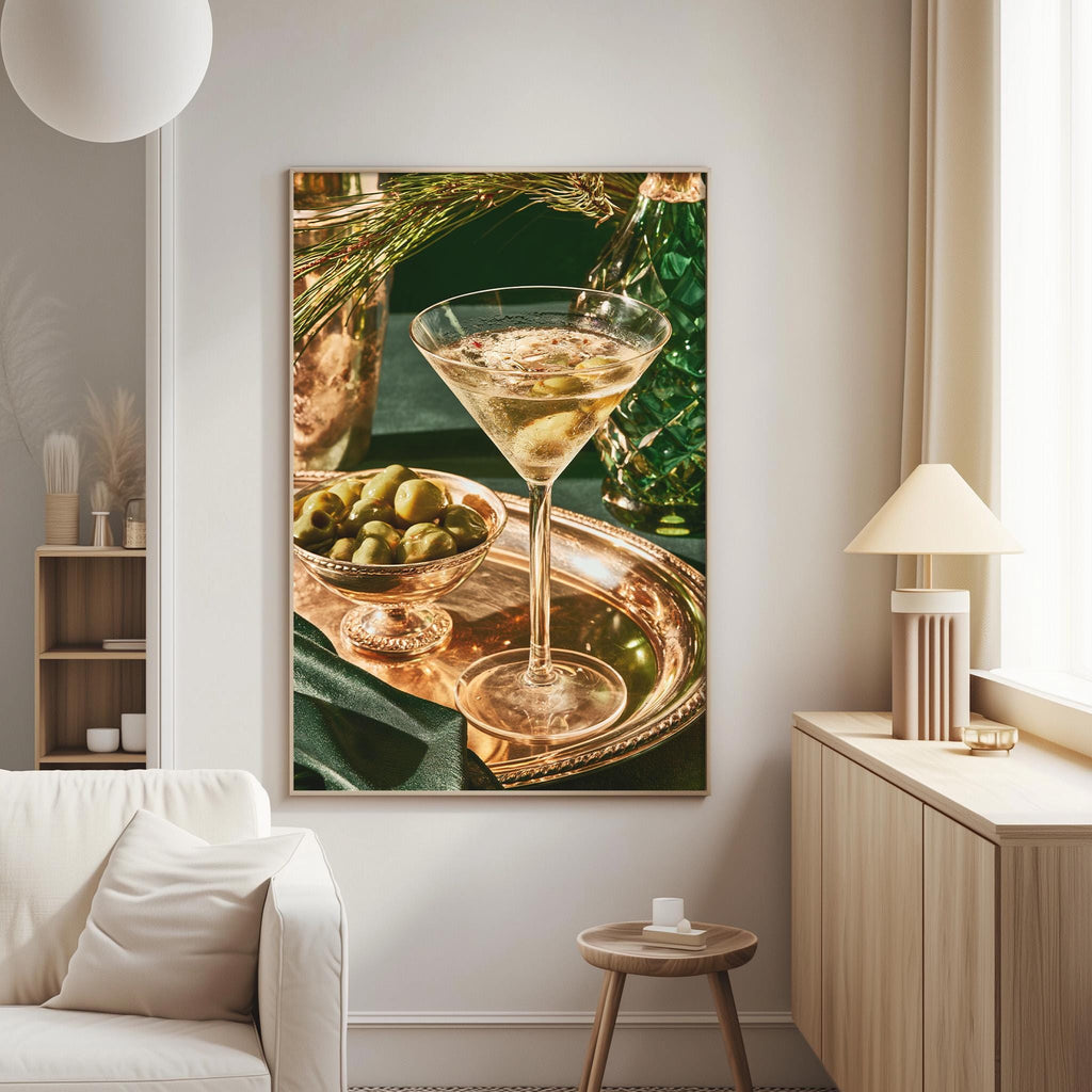 a large framed picture of a martini glass filled with a drink, surrounded by a variety of food items, including a bowl of olives and a plate of appetizers.