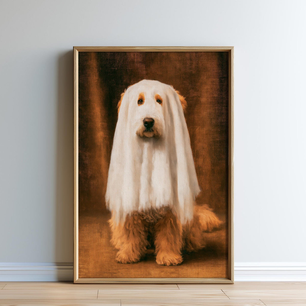 A framed photograph of a fluffy white dog with a brown coat, sitting on a wooden floor against a brown background.