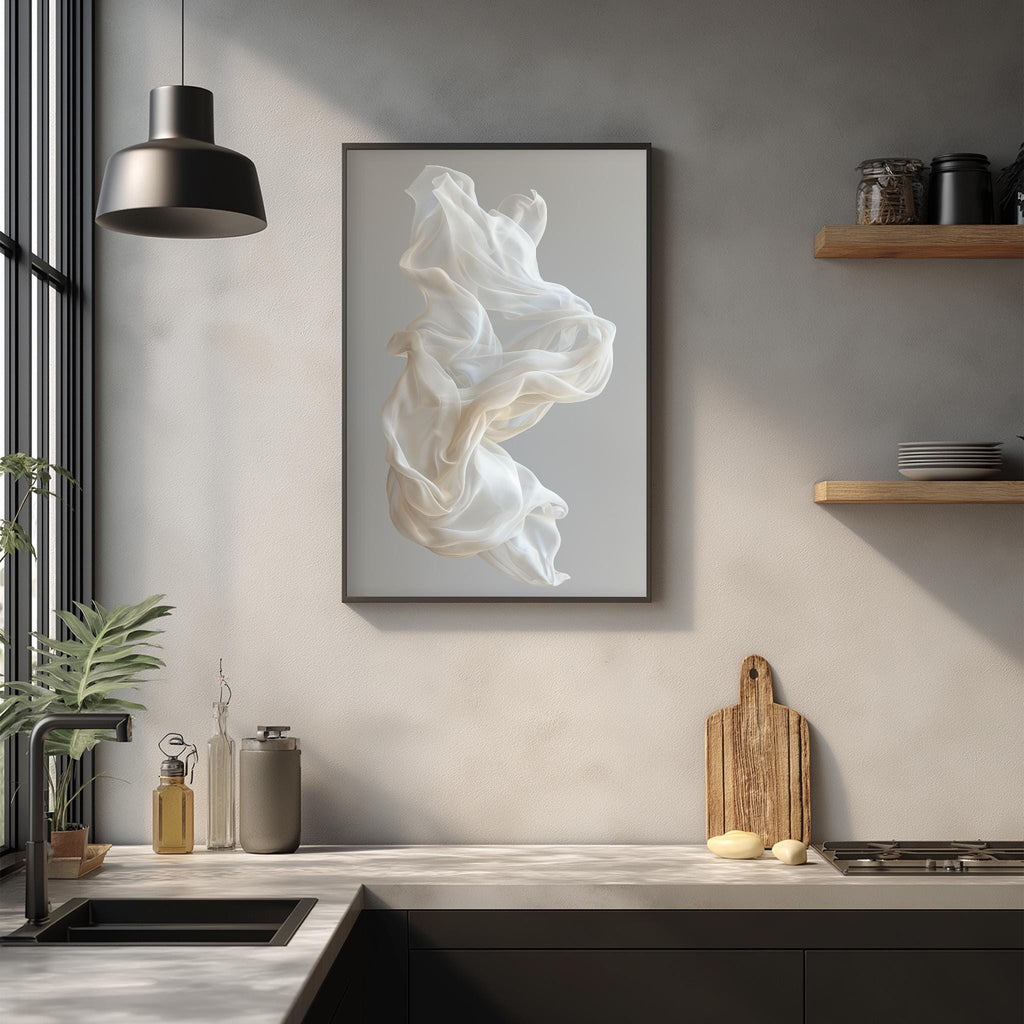 a modern kitchen with a minimalist design. The kitchen counter has a wooden cutting board, a bottle, and a vase. Above the counter, there is a framed artwork depicting a flowing white fabric. The kitchen also has a window, a pendant light, and a shelf with various kitchen items.