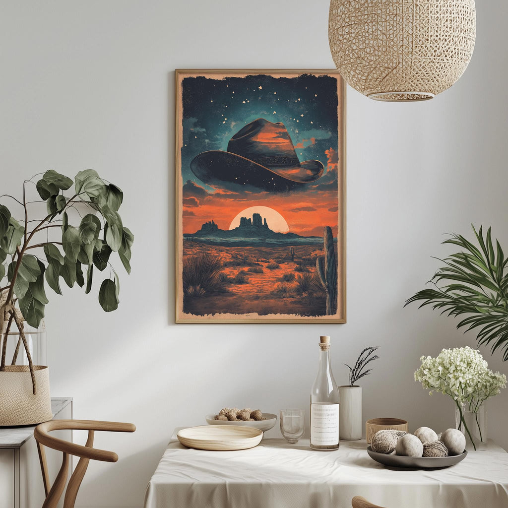 a framed poster of a desert landscape with a cowboy hat in the sky, hanging on a wall above a dining table with various decorative items and plants.