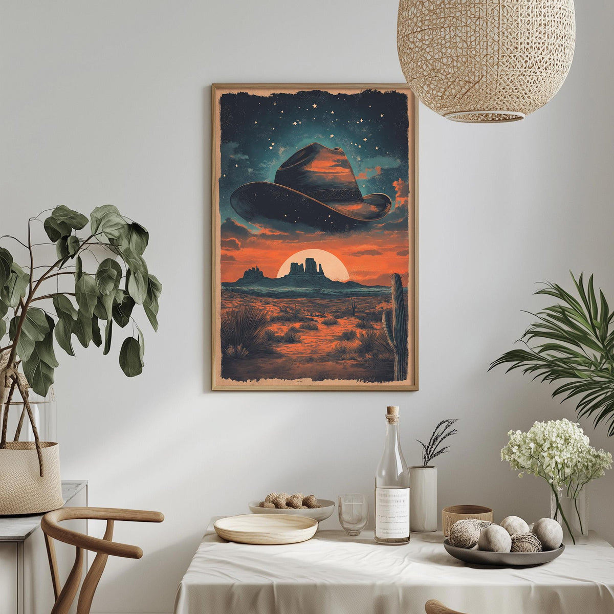 a framed poster of a desert landscape with a cowboy hat in the sky, hanging on a wall above a dining table with various decorative items and plants.