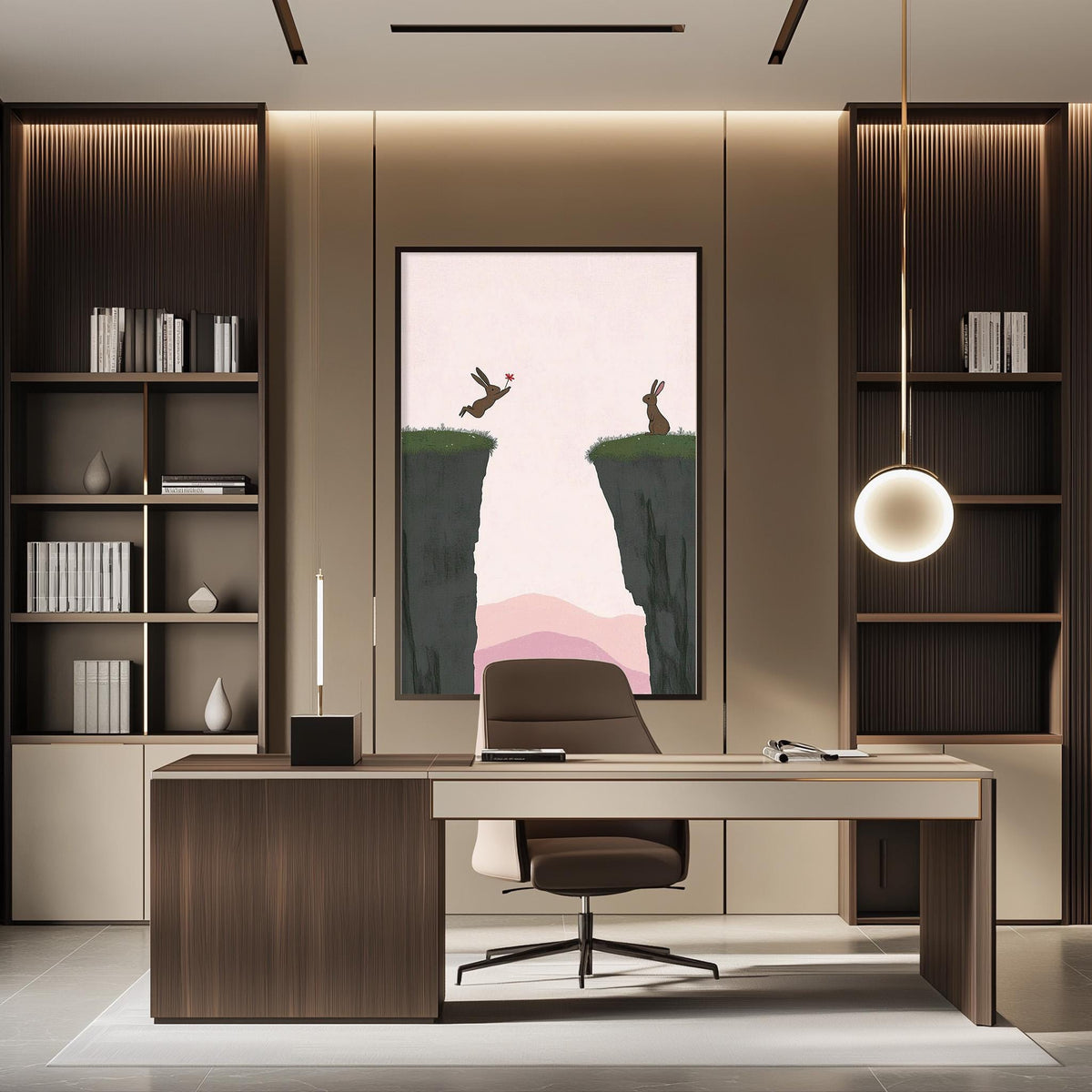 a modern and minimalist office space with a large window, wooden furniture, and a minimalist design aesthetic.